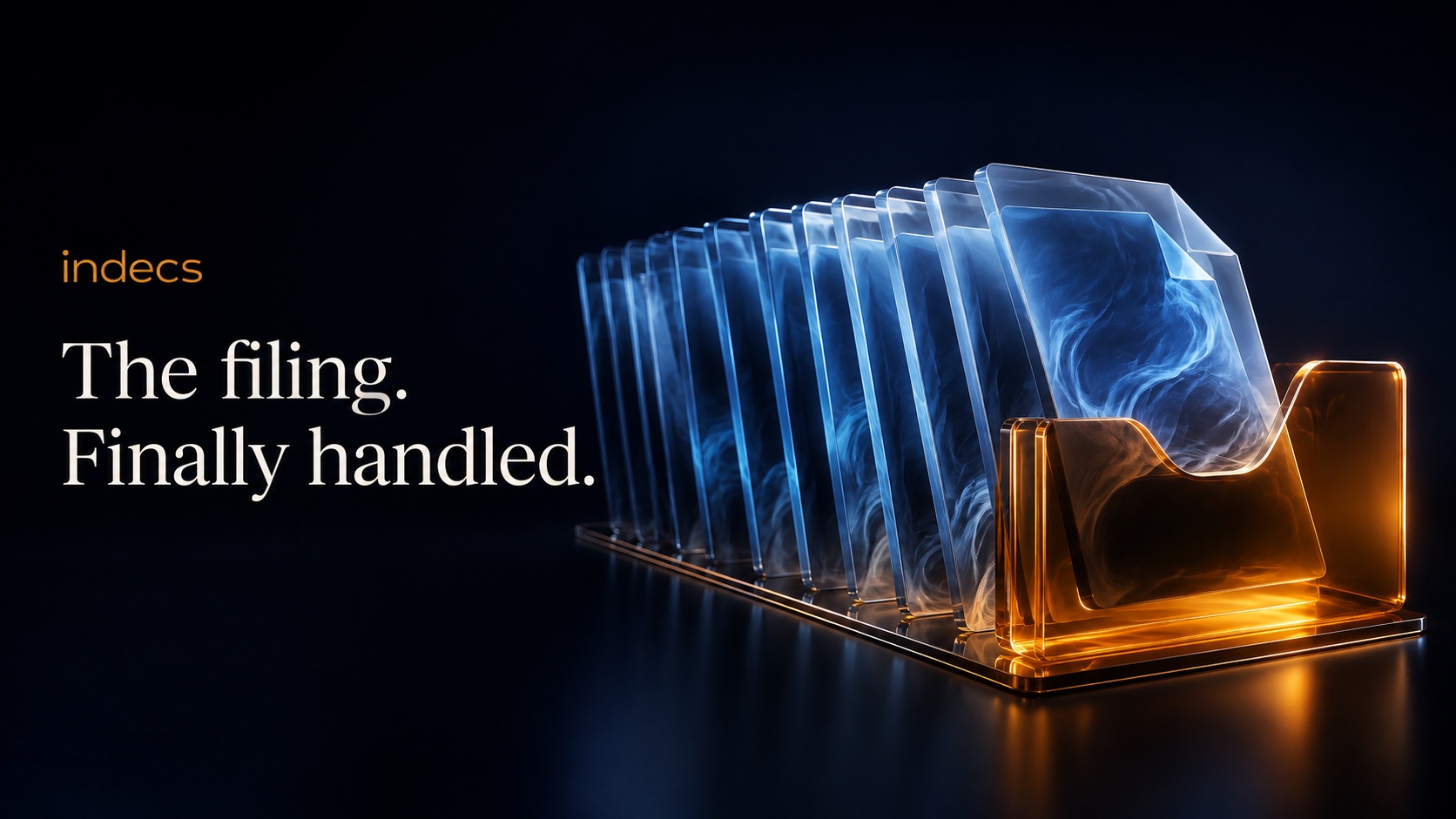 indecs: The filing. Finally handled. Translucent blue glass folders in a glowing amber holder.